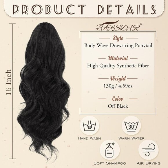 Drawstring Ponytail Extension 16 Inch Synthetic Black Wavy Hair for Women